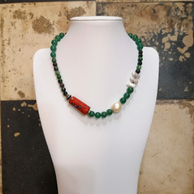 Necklace with semi-precious stones, ceramic handmade bead and silver elements